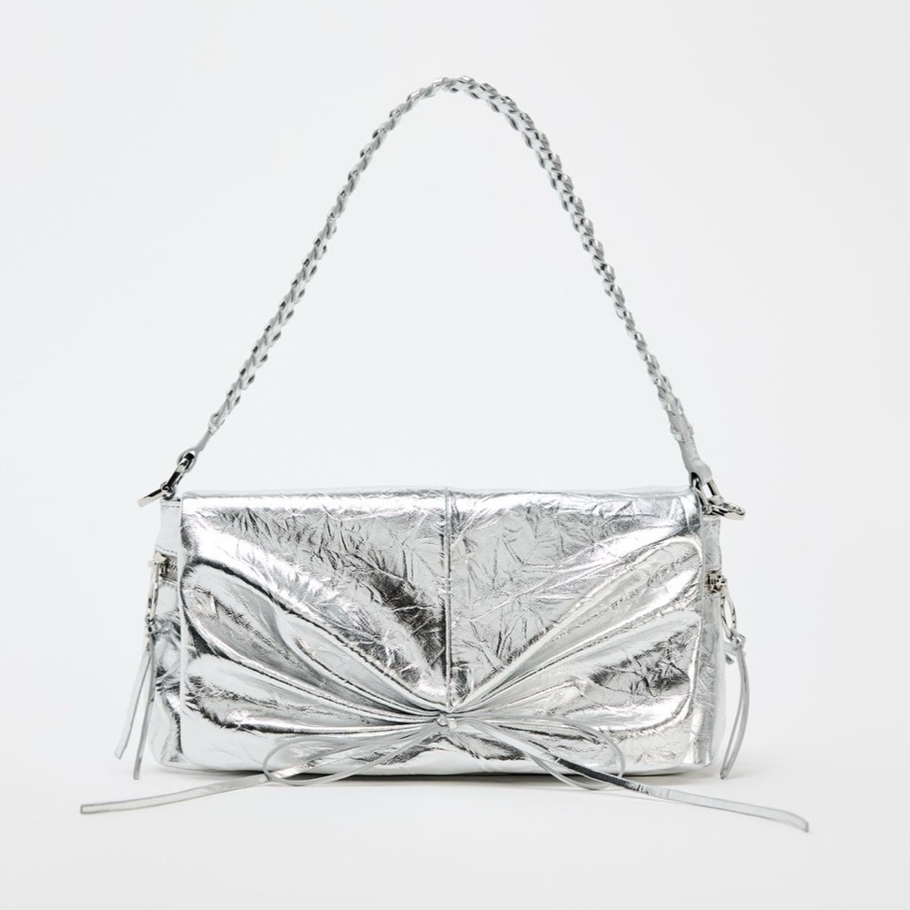 NWT Zara Woman Silver METALLIC DRAWSTRING SHOULDER BAG